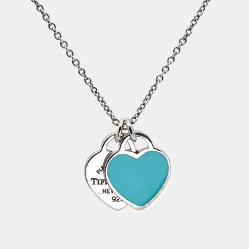 Pre Owned Tiffany & Co. Return To Tiffany Blue Enamel Double Heart Tag Pendant Necklace