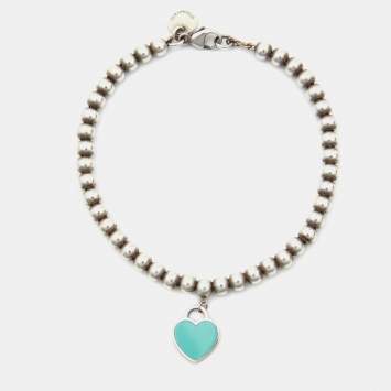 Pre Owned Tiffany & Co. Return To Tiffany Love Heart Tag Enamel Sterling Silver Beaded Bracelet