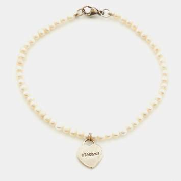 Pre Owned Tiffany & Co. Return To Tiffany Cultured Pearl Sterling Silver Heart Tag Bracelet