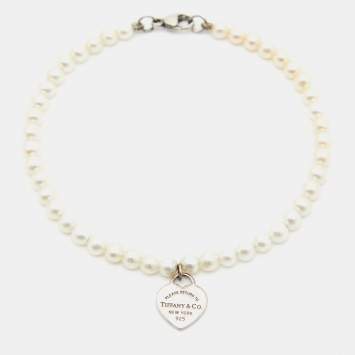 Pre Owned Tiffany & Co. Return To Tiffany Cultured Pearl Sterling Silver Heart Tag Bracelet