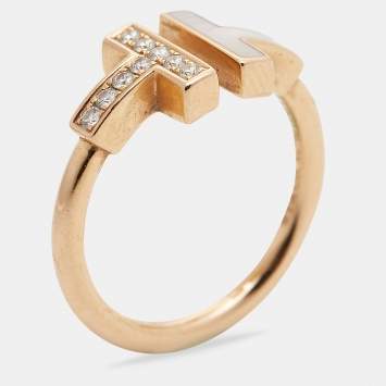 Pre Owned Tiffany & Co. Tiffany T Wire Mother of Pearl Diamond 18k Rose Gold Ring Size 50 