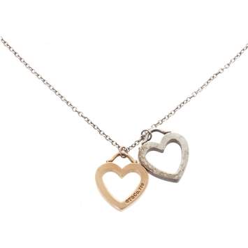 Pre Owned Tiffany & Co. Double Heart 18K Rose Gold & Silver Pendant Necklace  