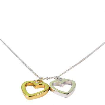 Pre Owned Tiffany & Co. Twin Heart 18K Yellow Gold Silver Pendant Necklace