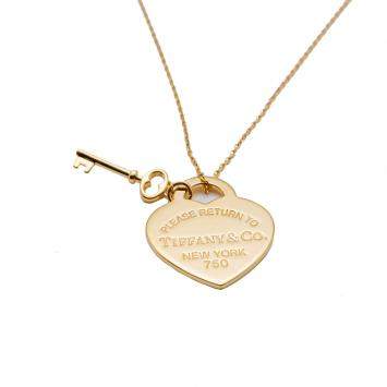 Pre Owned Tiffany & Co. Please Return 18k Yellow Gold Heart Key Necklace