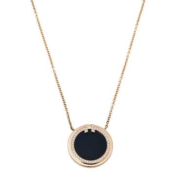 Pre Owned Tiffany & Co. Tiffany T Diamond Black Onyx 18K Rose Gold Circle Pendant Necklace