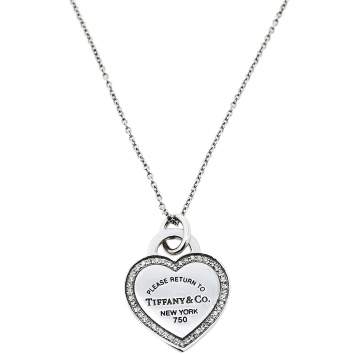 Pre Owned Tiffany & Co. Please Return to Tiffany Diamond 18k White Gold Heart Tag Pendant Necklace