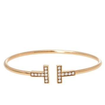 Pre Owned Tiffany & Co. Tiffany T Wire Diamond 18K Rose Gold Narrow Open Cuff Bracelet