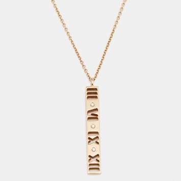 Pre Owned Tiffany & Co. Atlas Pierced Diamond 18k Rose Gold Bar Pendant Necklace 