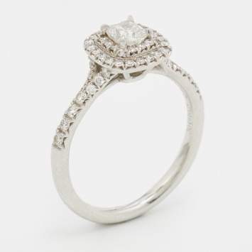 Pre Owned Tiffany & Co. Soleste® Cushion Cut Double Halo Diamond Platinum Engagement Ring Size 51