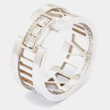 Pre Owned Tiffany & Co. Atlas Diamond 18k White Gold Open Band Ring Size 52