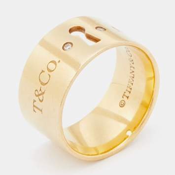 Pre Owned Tiffany & Co. Keyhole Diamond 18k Yellow Gold Wide Band Ring Size 50