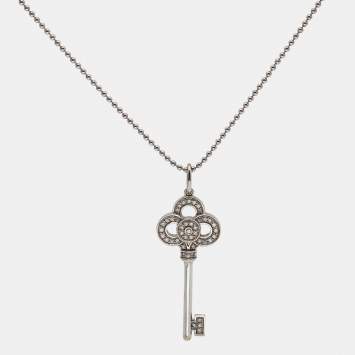 Pre Owned Tiffany & Co. Crown Mini Key Diamonds 18k White Gold Pendant Necklace