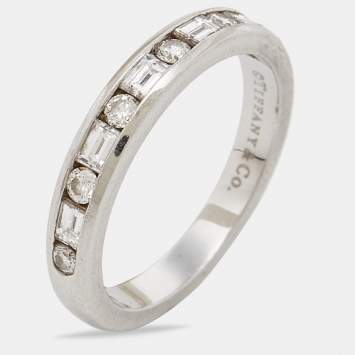 Pre Owned Tiffany & Co. Diamond Round & Baguette Channel Set Platinum Band Ring 53
