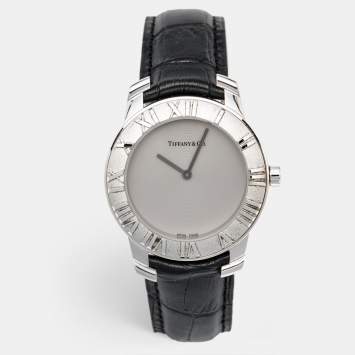 Tiffany & Co. Grey Sterling Silver Embossed Leather Atlas Women's Wristwatch 37 mm