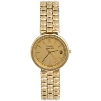Pre Owned Tiffany & Co Yellow Gold Plated Stainless Steel Portfolio Men's Wristwatch 32 mm