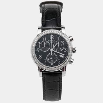 Pre Owned Tissot Black Stainless Steel Diamond Leather Dressport T050.217.16.052.01 Women's Wristwatch 35 mm