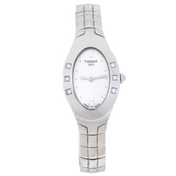 Pre Owned Tissot White Stainless Steel Diamond Oval Women's Wristwatch 21 mm