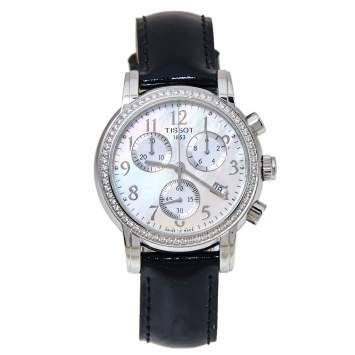 Pre Owned Tissot Mother Of Pearl Stainless Steel & Leather Diamond Dressport T050.217.16.112.01 Women's Wristwatch 35 mm