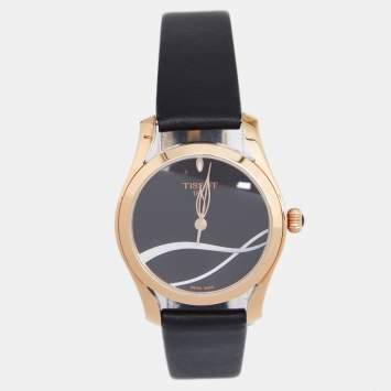 Pre Owned Tissot Black Rose Gold Plated Stainless Steel Leather Wave T112210A Women's Wristwatch 30 mm 