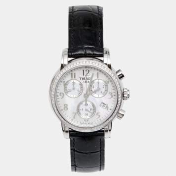Pre Owned Tissot Mother Of Pearl Stainless Steel Leather Diamond Dressport T050.217.16.112.01 Women's Wristwatch 35 mm