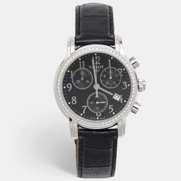 Pre Owned Tissot Black Stainless Steel Diamond Leather Dressport T050.217.16.052.01 Women's Wristwatch 35 mm