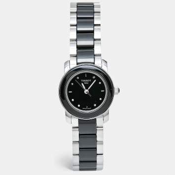 Pre Owned Tissot Black Ceramic Stainless Steel Diamond T-Trend T064.210.22.056.00 Women's Wristwatch 28 mm