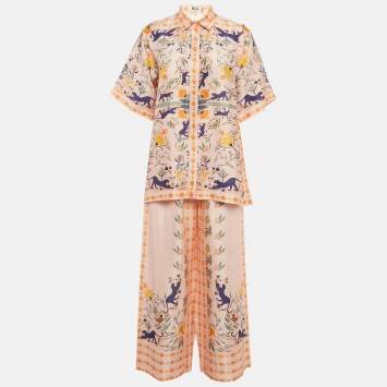 Pre Owned Tiya by Sania Maskatiya Pink Printed Raw Silk Ally Co-Ord Set M