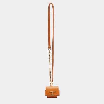 Pre Owned Tod's Orange Leather Timeless Airpods Case with Strap