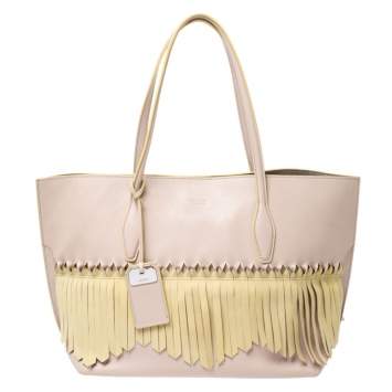 Pre Owned Tod's Beige/Yellow Leather Origami Fringe Shopping Tote