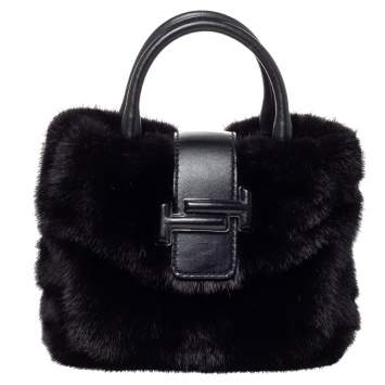 Pre Owned Tod's Black Mink Fur and Leather Double T Flap Tote