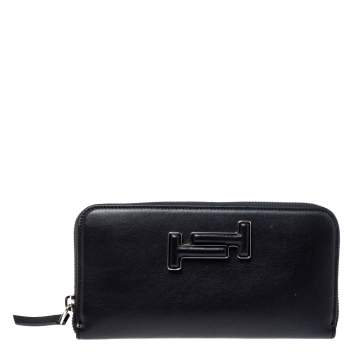 Pre Owned Tod's Black Leather Double T Zip Around Continental Wallet