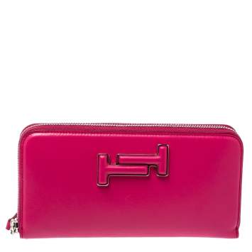 Pre Owned Tod's Pink Leather Double T Zip Around Continental Wallet