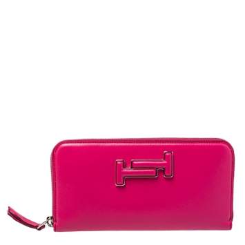 Pre Owned Tod's Fuchsia Leather Double T Zip Around Wallet