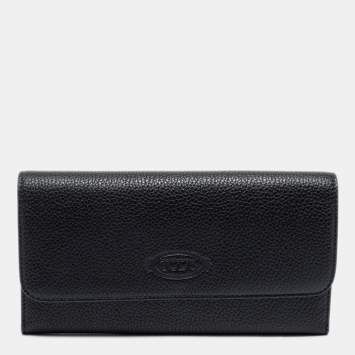 Pre Owned Tod's Black Leather Logo Flap Wallet 