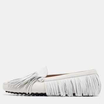 Pre Owned Tod's White Leather Fringed Loafers Size 35