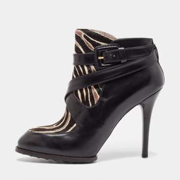 Pre Owned Tod's Black/Brown Calf Hair and Leather Ankle Boots Size 38.5