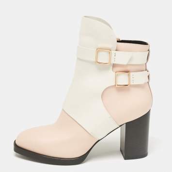 Pre Owned Tod's Pink/White Leather Block Heel Ankle Length Boots Size 38.5