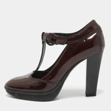 Pre Owned Tod's Burgundy Patent Leather Mary Jane Pumps Size 38.5