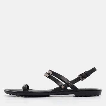 Pre Owned Tod's Black Leather Strappy Flat Sandals Size 37.5