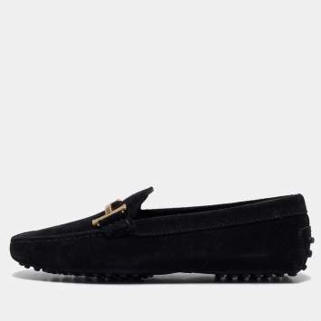 Pre Owned Tod's Black Suede Gommino Double T Slip On Loafers Size 37