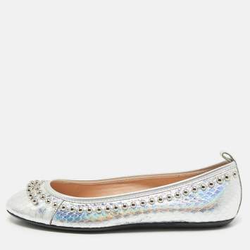 Tod's Silver Python Embossed Leather Studded Ballet Flats Size 35.5