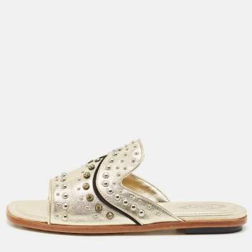 Tod's Gold Leather Studded Embellished Flat Slides Size 37.5
