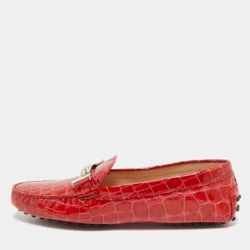 Tod's Red Croc Embossed Patent Leather Double T Loafers Size 41