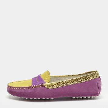 Pre Owned Tod's Purple/Yellow Suede and Snakeskin Leather Loafers Size 36.5