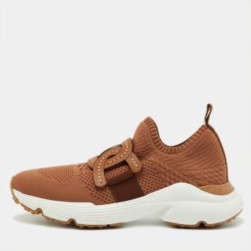 مملوكة مسبقًا Tod's Brown Knit Fabric Chain Detail Kate Slip On Sneakers Size 37