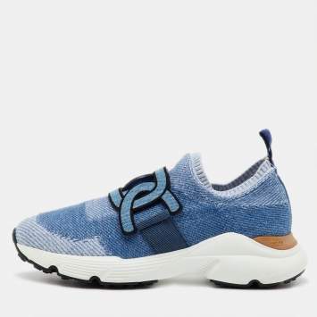 مملوكة مسبقًا Tod's Blue Knit Fabric Chain Detail Kate Slip On Sneakers Size 37