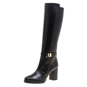 Pre Owned Tod's Black Leather Block Heel Buckle Tall Boots Size 36.5