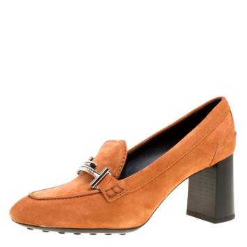Pre Owned Tod's Orange Suede Gomma Maxi Double T Court Loafer Pumps Size 40
