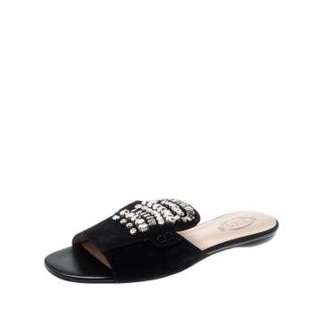 Pre Owned Tod's Limited Edition Black Suede Crystal Embellished Peep Toe Flat Slides Size 39