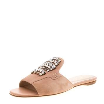 Pre Owned Tod's Limited Edition Pale Pink Suede Crystal Embellished Peep Toe Flat Slides Size 37